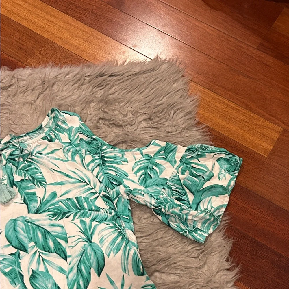 Caribbean Joe Tropical Green Leaf Print Off The Shoulder‎ Flowy Rayon Dress